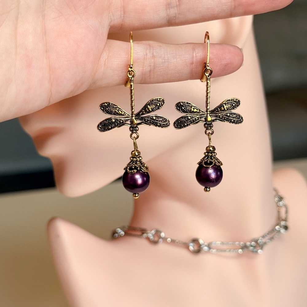 Gold Dragonfly Earrings with Purple Pearls - Picture 10 of 10